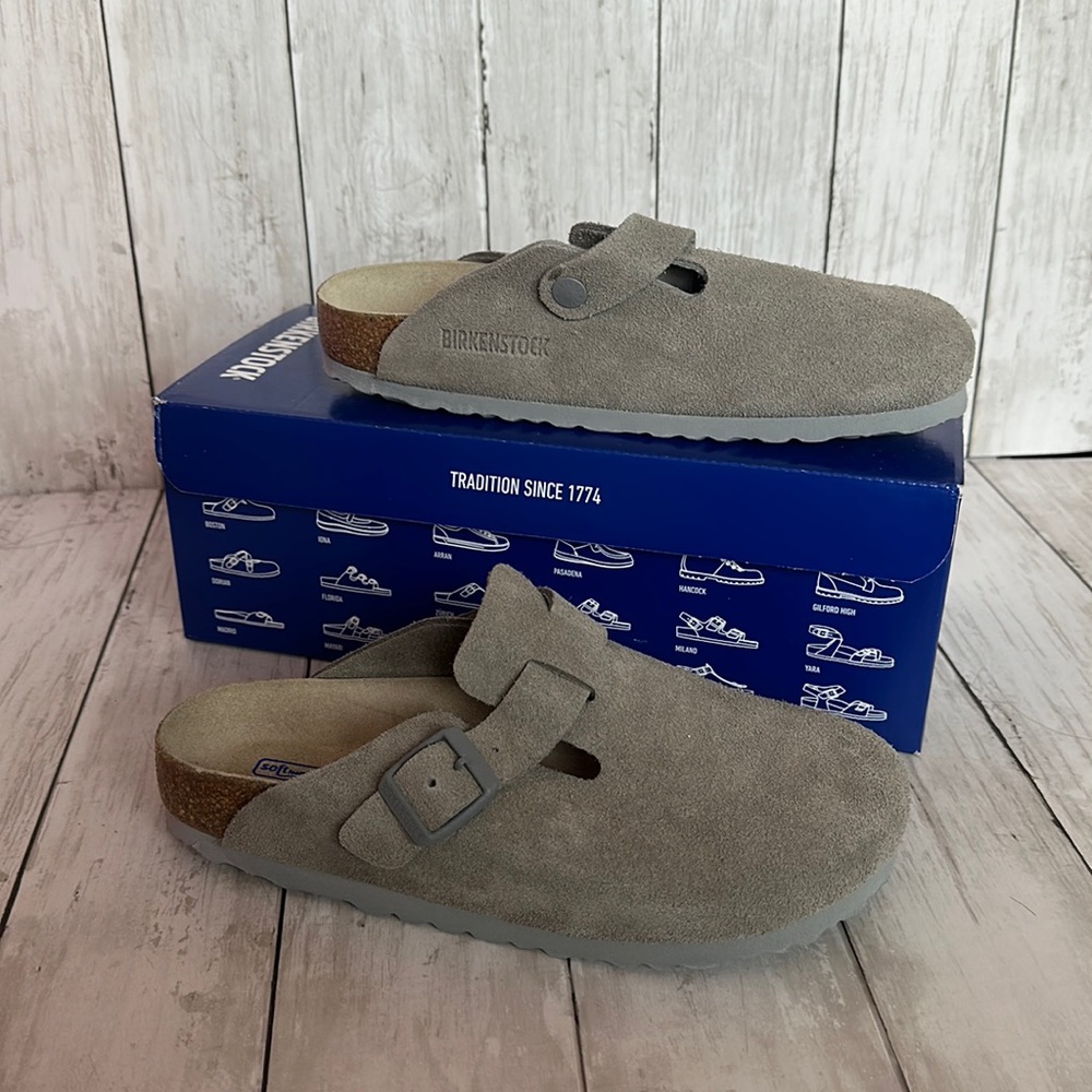 NIB BIRKENSTOCK BOSTON SOFT FOOTBED SUEDE CLOGS SIZE 37 in STONE COIN - Picture 1 of 5